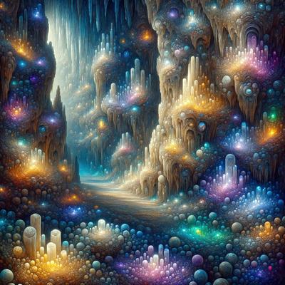 The primary subject of the image is a cave with a variety of colorful lights and shapes. The cave is filled with a multitude of different colored lights, creating a vibrant and lively atmosphere. The setting is a dark, underground environment, with the cave's walls and ceiling adorned with intricate patterns and designs. The visual style of the image is a digital art or illustration, showcasing the artist's creativity and skill in crafting a captivating and imaginative scene. The colors and mood of the image are energetic, dynamic, and full of life, making it an engaging and visually appealing piece of art.